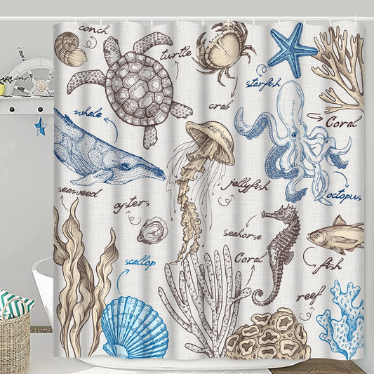 Ikfashoni Ocean Beach Shower Curtain, 13pc Nautical Marine Life Turtle Fish Waterproof Fabric Bathroom Sets, 70"X69"