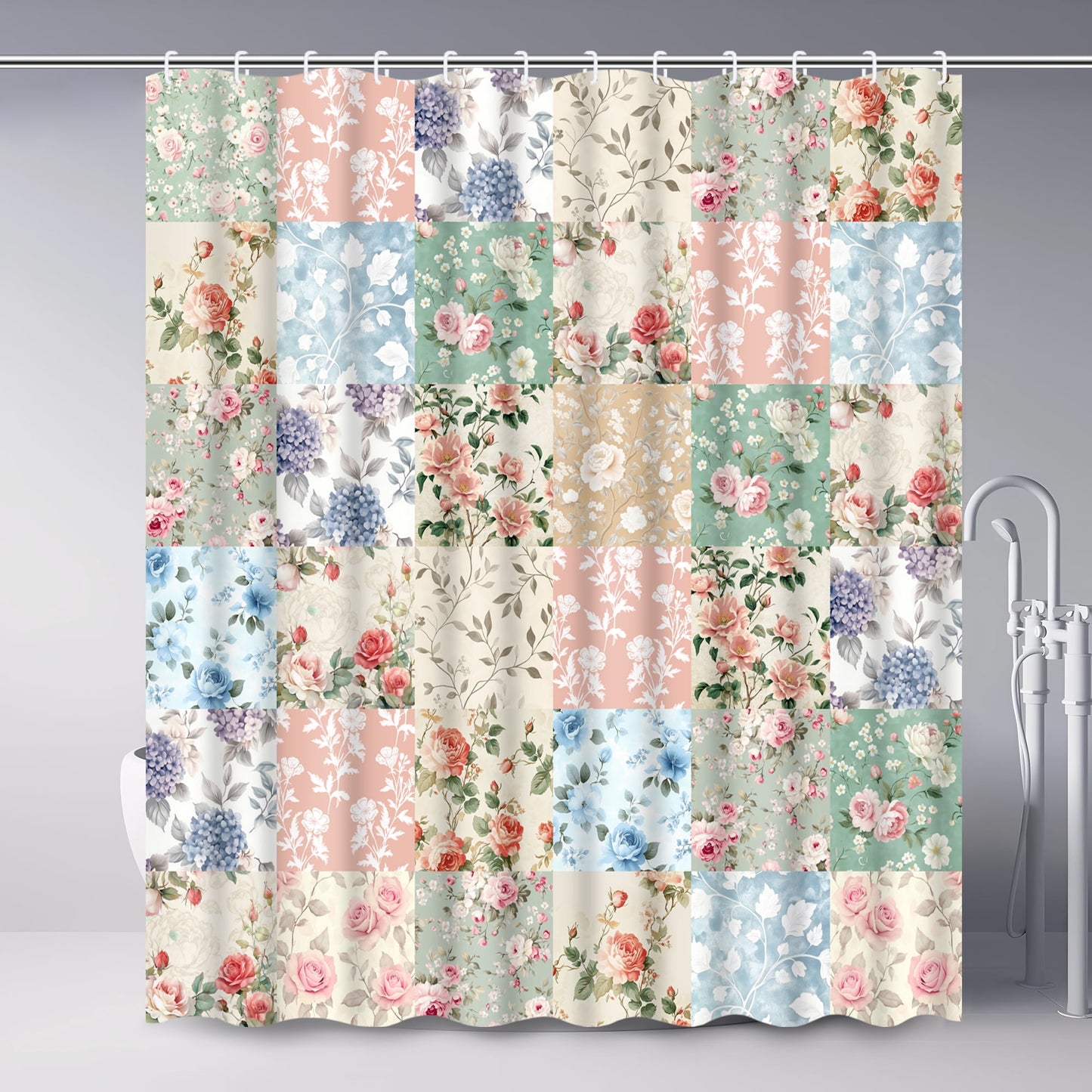 Ikfashoni Spring Flowers Shower Curtain with Hooks,13pcs Waterproof Fabric Bathroom Curtain, 72"X72"