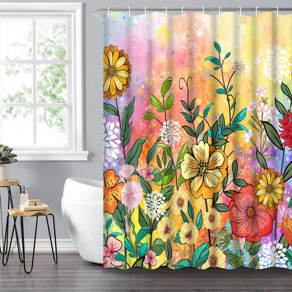 Ikfashoni Hookless Shower Curtain with Snap in Liner, Boho Flower Waterproof Fabric Mesh Window Bath Curtain, 71"X74"