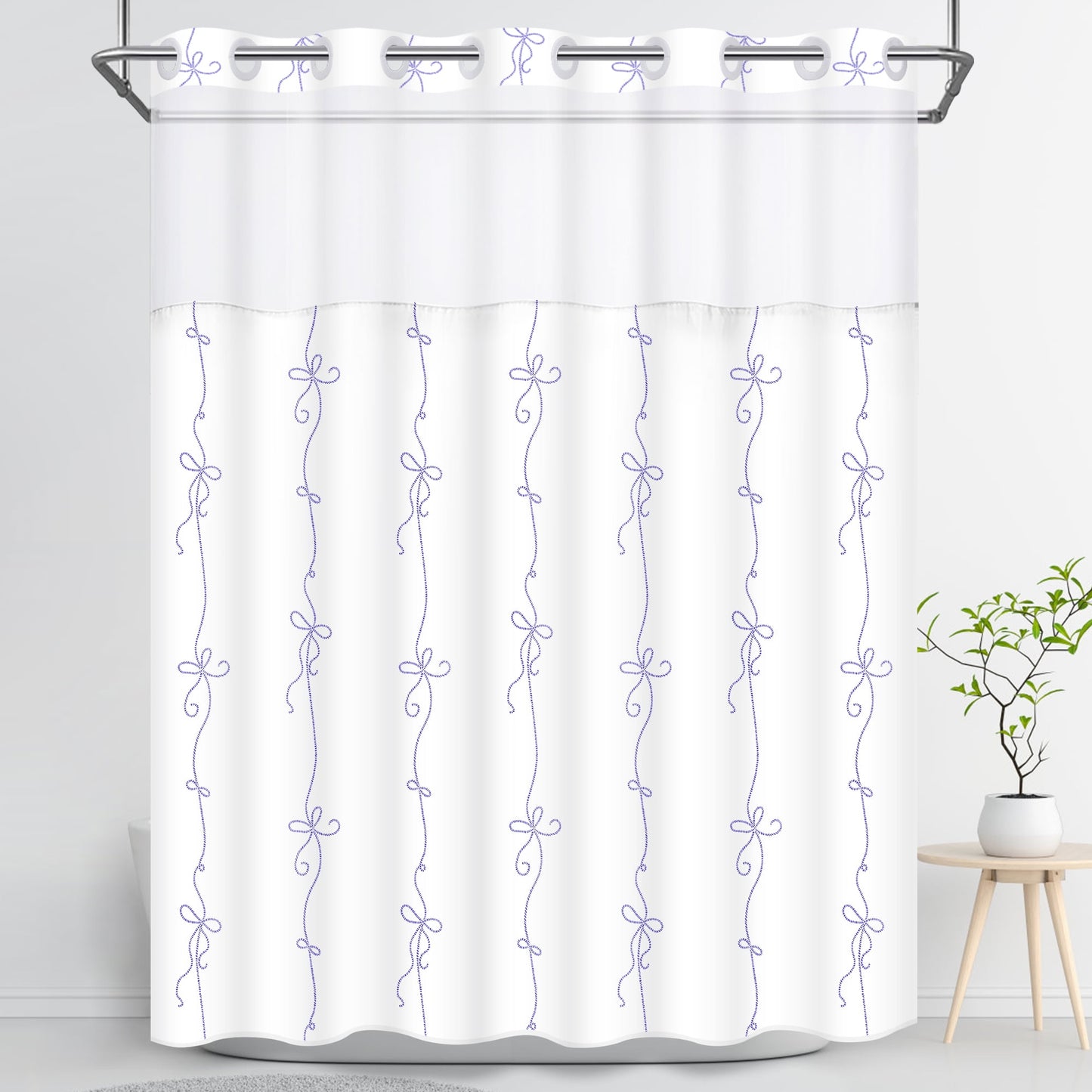 Ikfashoni No Hook Shower Curtain with Snap in Liner, Purple Bow Hookless Waterproof Bath Curtain, 71"X74"