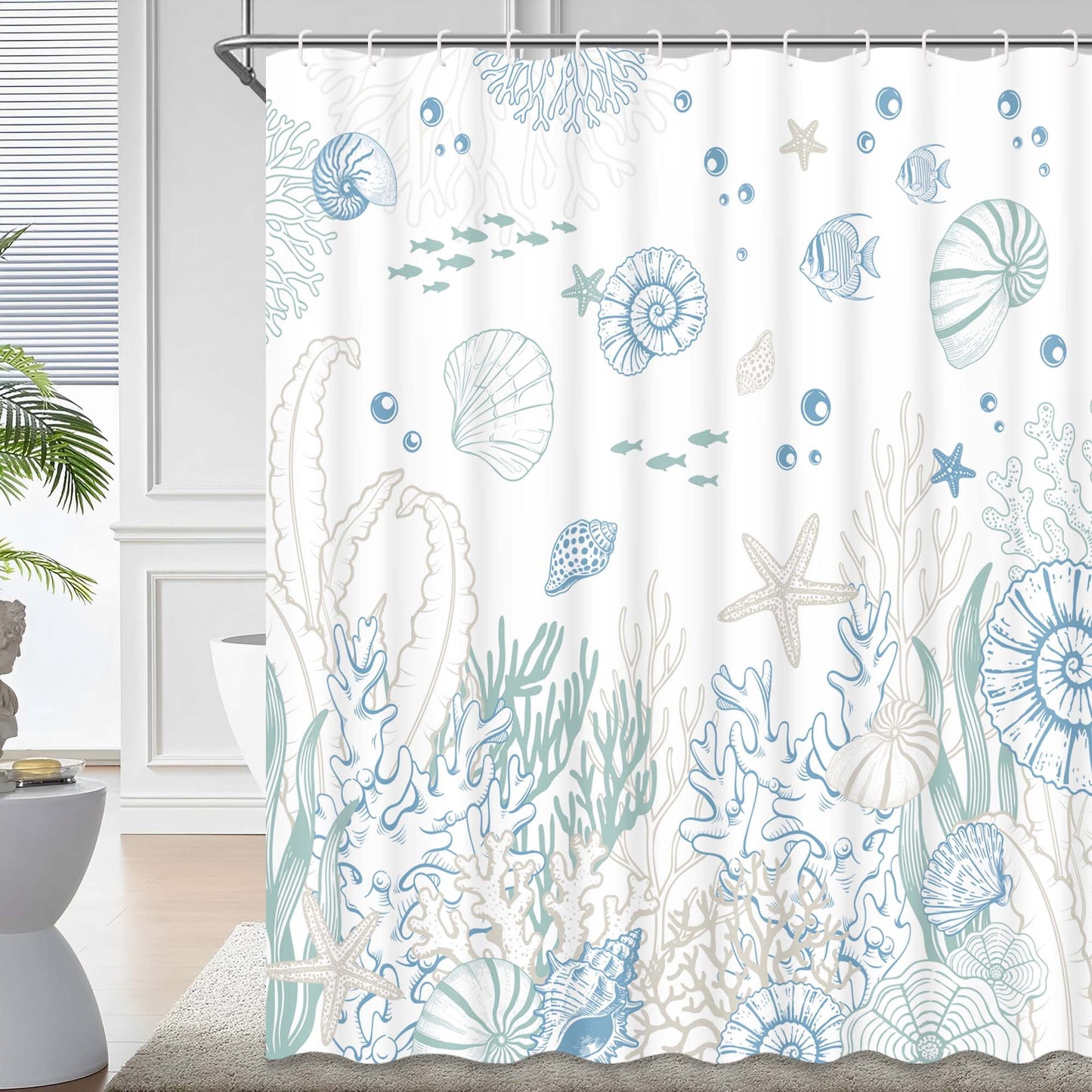 Ikfashoni Seashell Shower Curtain with Hooks,13pc Waterproof Fabric Bathroom Curtain, 72"X72"