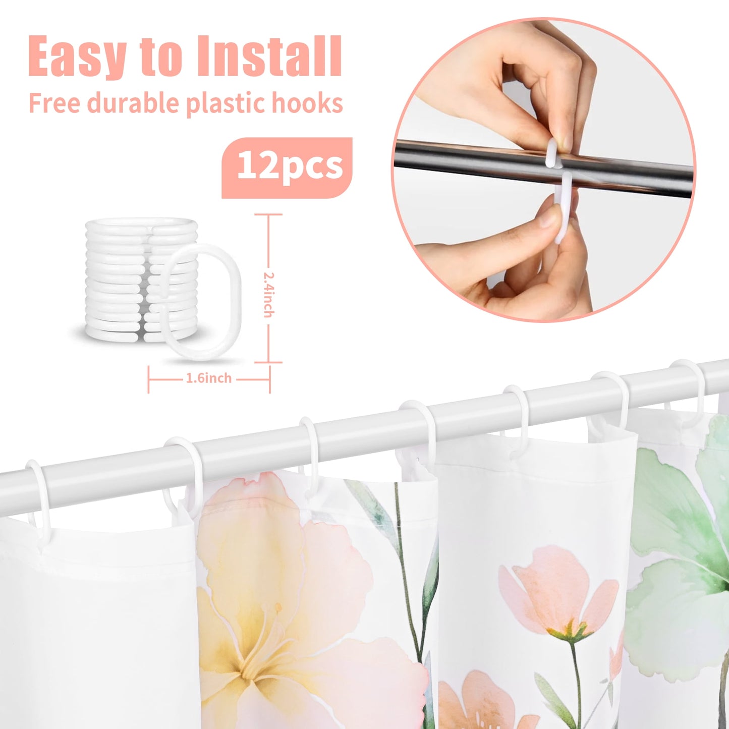 Ikfashoni Green Flowers Shower Curtain with Hooks,13pc Waterproof Fabric Bathroom Curtain, 72"X72"