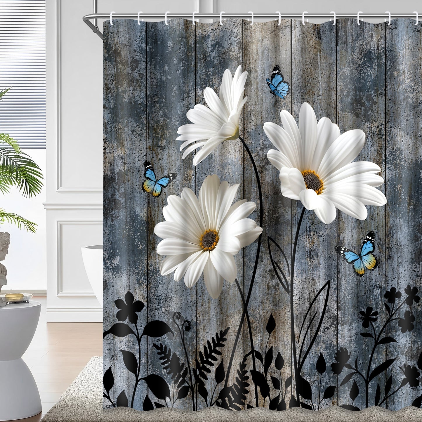 Ikfashoni White Daisy Shower Curtain with Hooks,13pc Rustic Waterproof Fabric Bathroom Curtain, 72"X72"