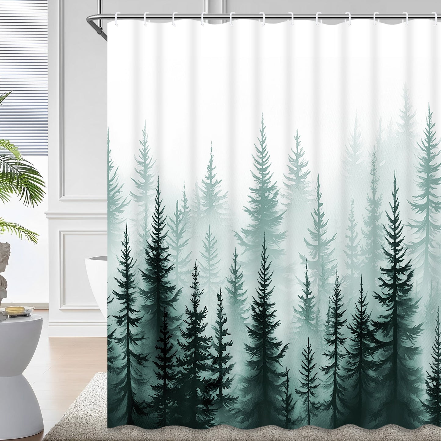 Ikfashoni Green Forests Shower Curtain with Hooks, 13pc Waterproof Fabric Bath Curtain, 72"X72"