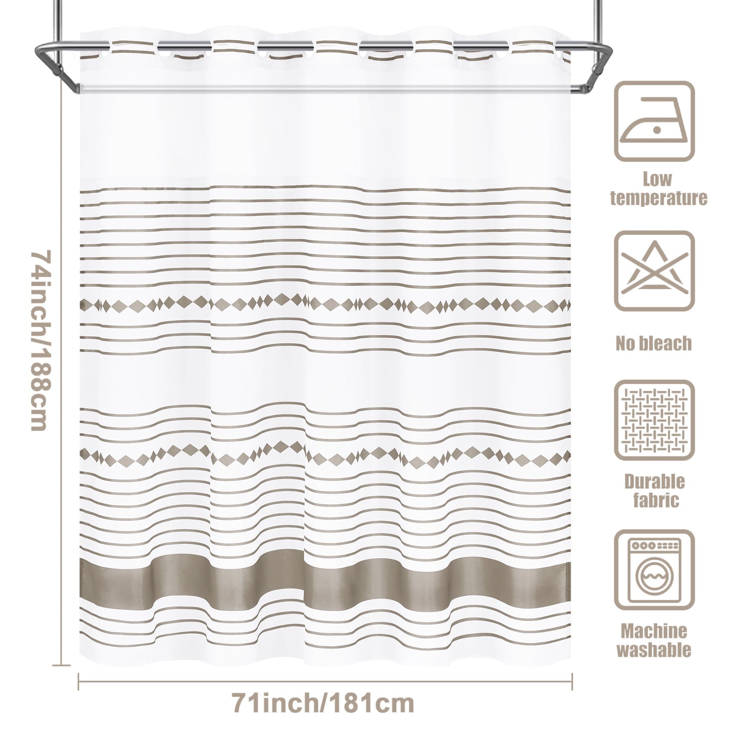 Ikfashoni Hookless Shower Curtain with Snap in Liner, Brown Strip No Hook Waterproof Bath Curtain, 71"X74"