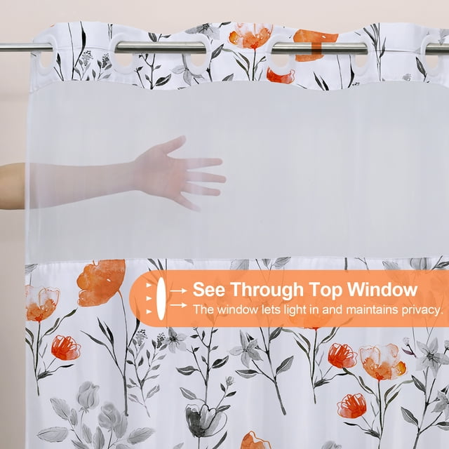 Ikfashoni Hookless Shower Curtain with Snap in Liner,Orange Floral Waterproof Fabric Mesh Window Bath Curtain,71"X74"