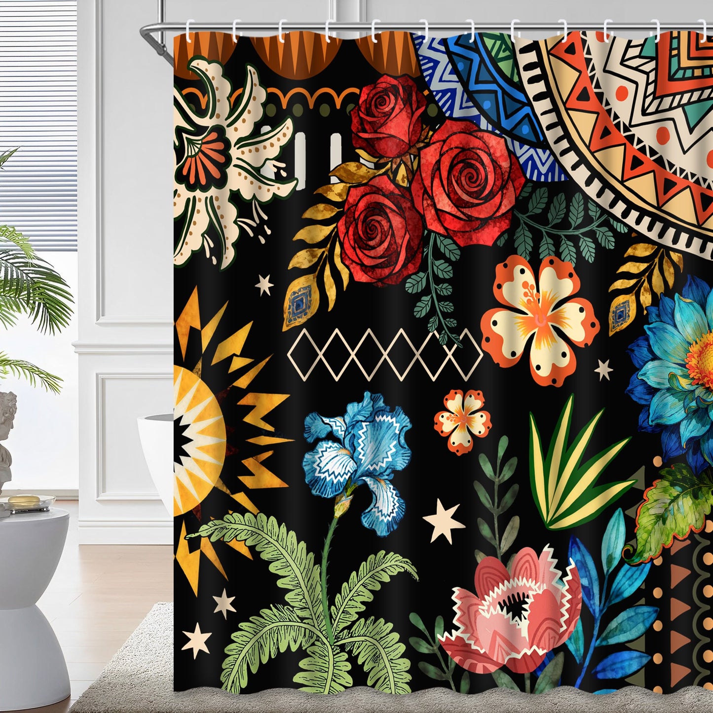 Ikfashoni Black Boho Shower Curtain with Hooks,13pc Rose Waterproof Fabric Bathroom Curtain, 72"X72"