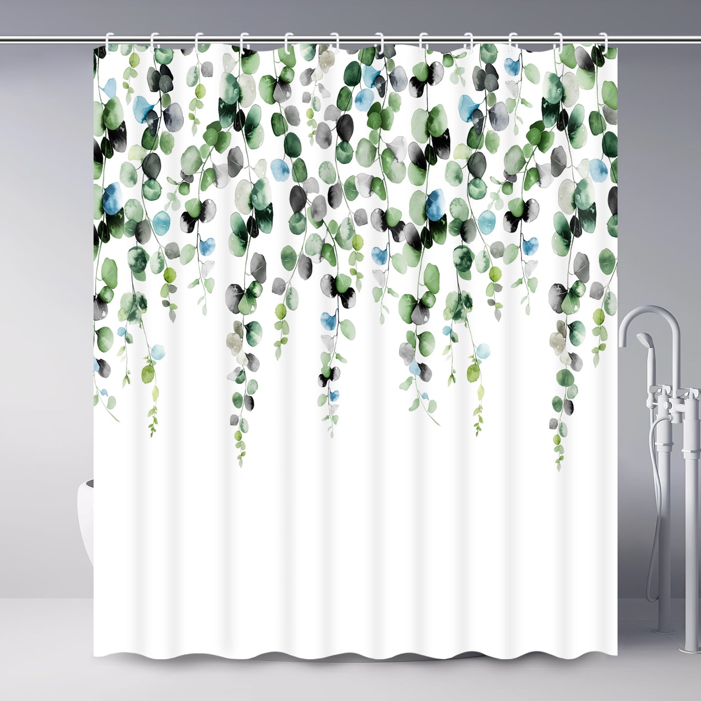 Ikfashoni Green Leaves Shower Curtain with Hooks,13pc Waterproof Fabric Bath Curtain, 72"X72"