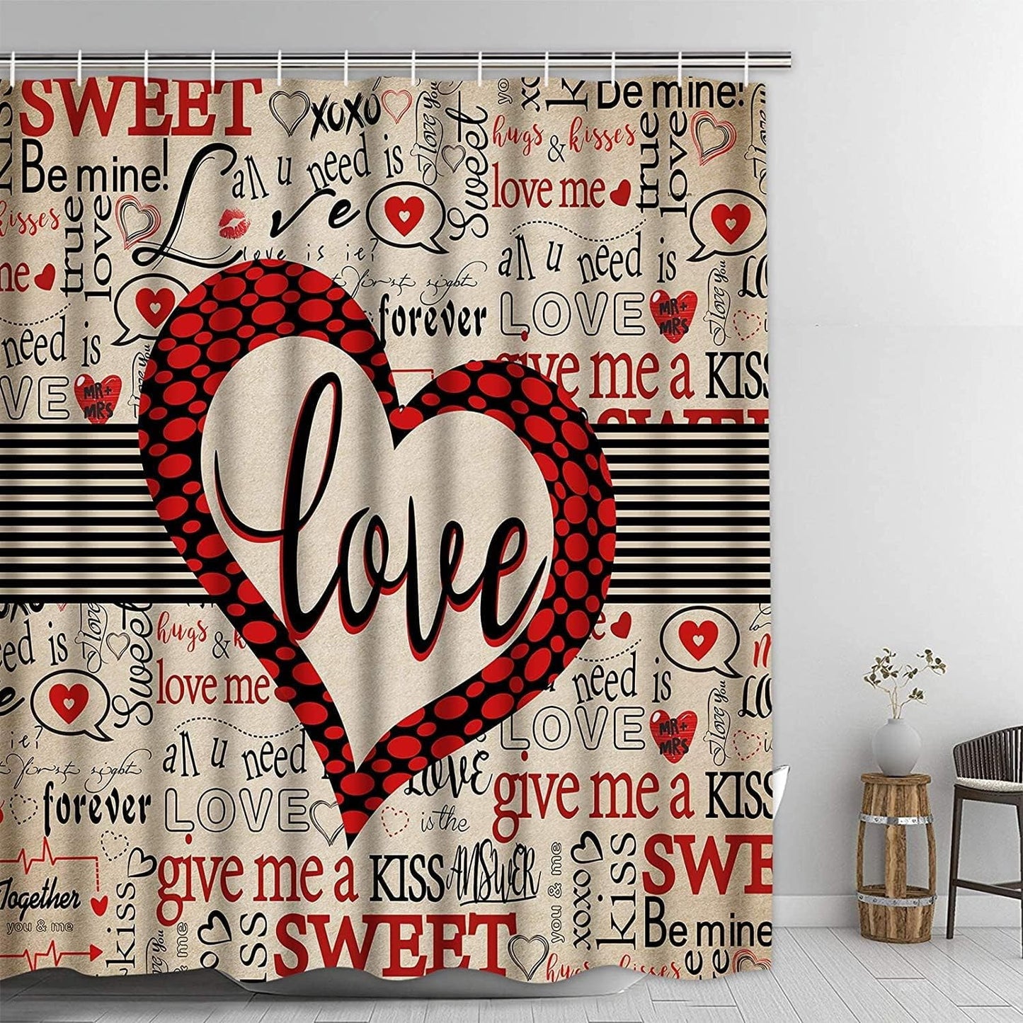 Ikfashoni Valentine's Day Shower Curtain, Love Me Graffiti Waterproof Fabric Bathroom Valentines Day Decorations, 70"X69"