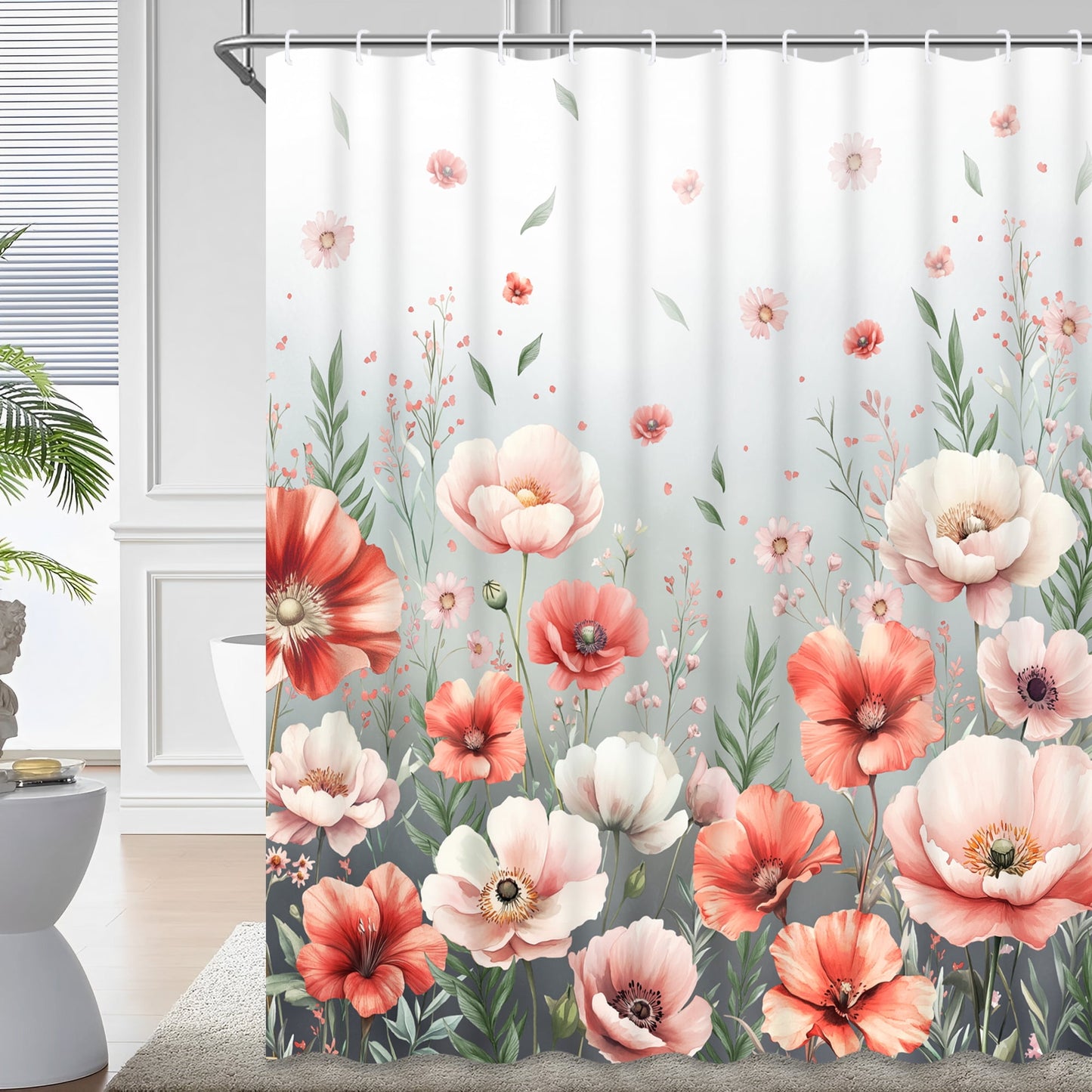 Ikfashoni Red Shower Curtain with Hooks,13pc Ombre Waterproof Fabric Bathroom Curtain, 72"X72"