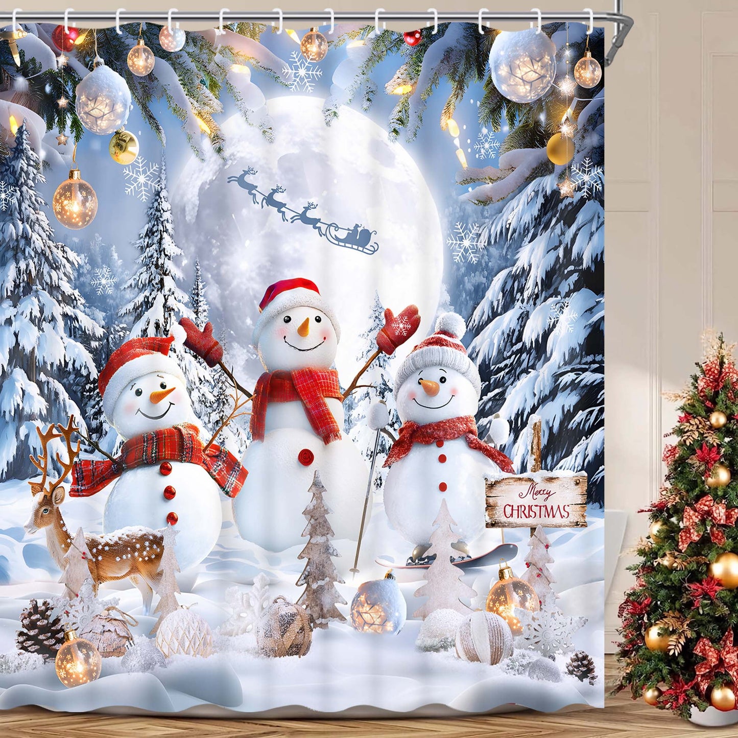 Ikfashoni Christmas Shower Curtain with Hooks,Snowman Waterproof Fabric Christmas Bathroom Decor,70"X69"