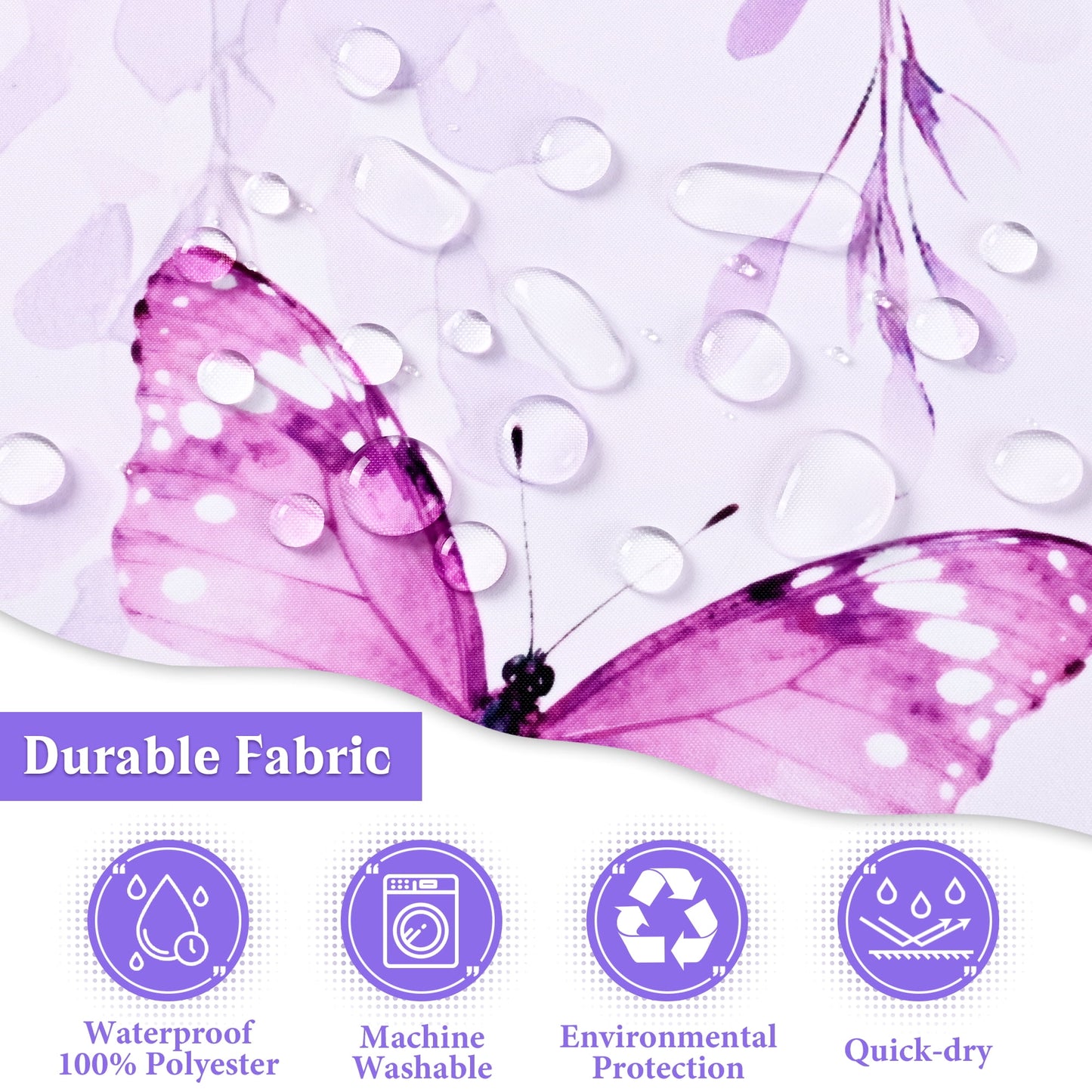 Ikfashoni Purple Flowers Shower Curtain with Hooks,13pc Waterproof Fabric Bathroom Curtain, 72"X72"
