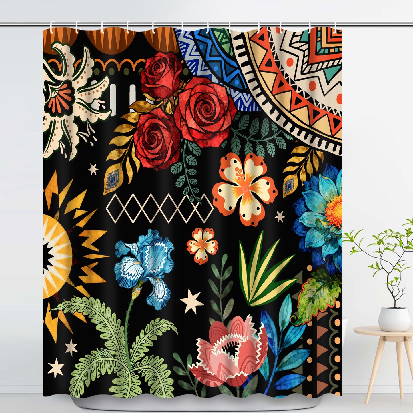 Ikfashoni Black Boho Shower Curtain with Hooks,13pc Rose Waterproof Fabric Bathroom Curtain, 72"X72"