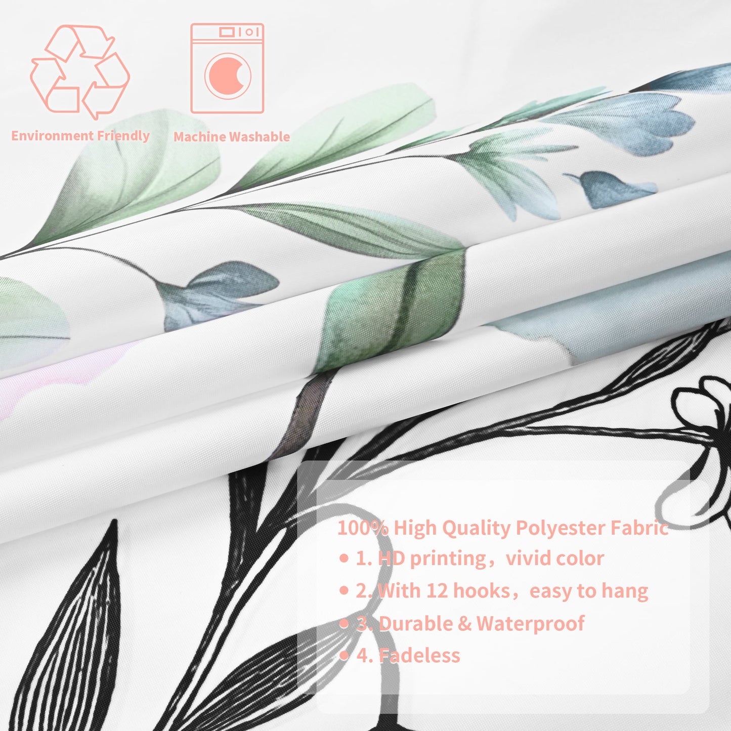 Ikfashoni Green Flowers Shower Curtain with Hooks,13pc Waterproof Fabric Bathroom Curtain, 72"X72"