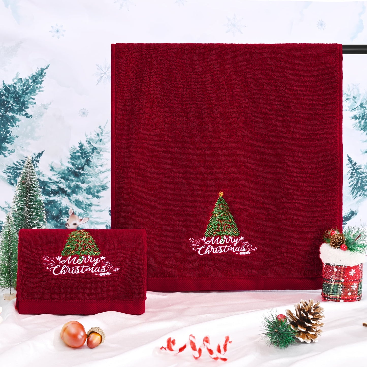 Ikfashoni 2 Pack Christmas Hand Towel for Bathroom,Embroidered Christmas Tree Red Scroll Cotton Towels