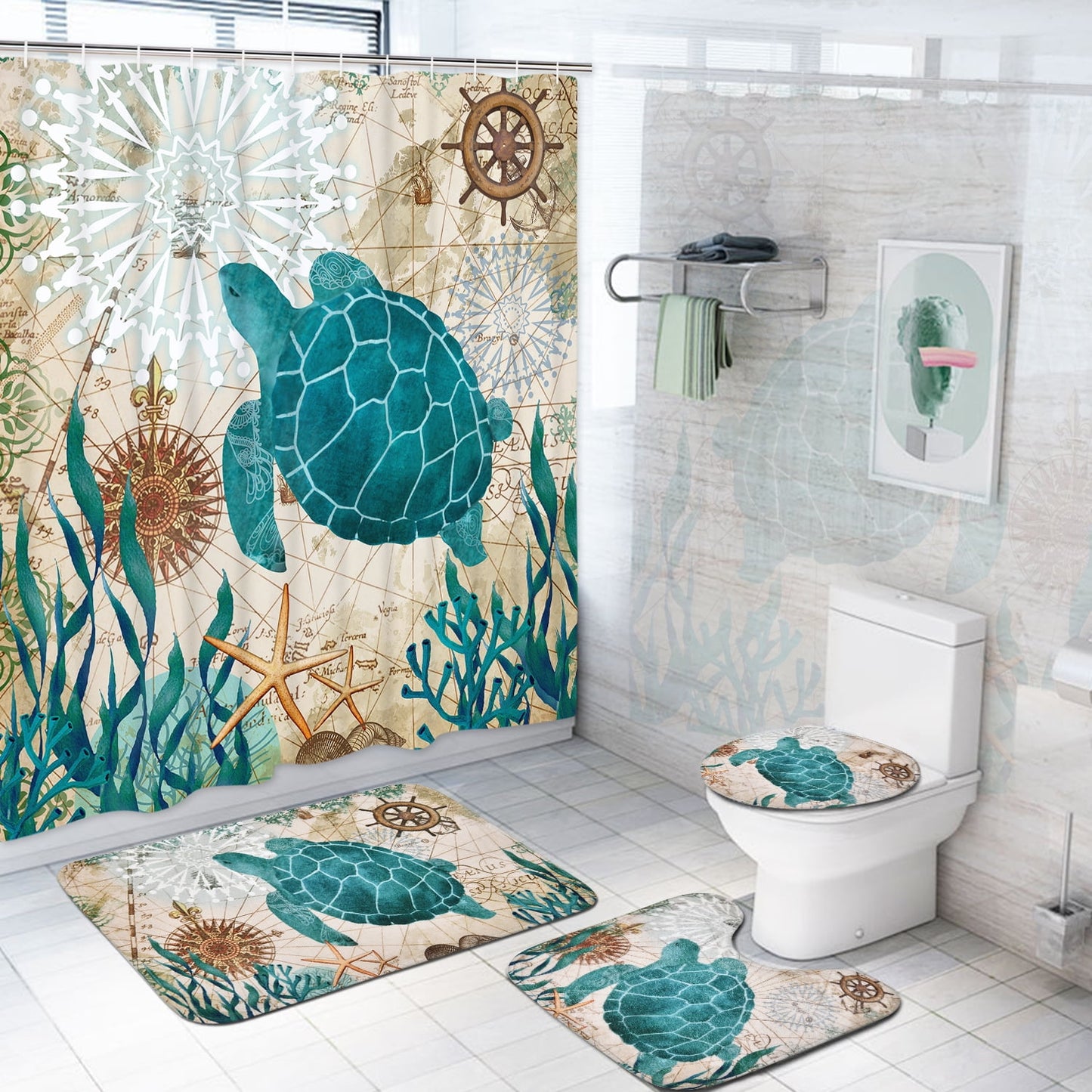 Ikfashoni Sea Turtle Bathroom Sets, Teal Nautical Shower Curtains and Bath Rug Set and Toilet Lid Cover