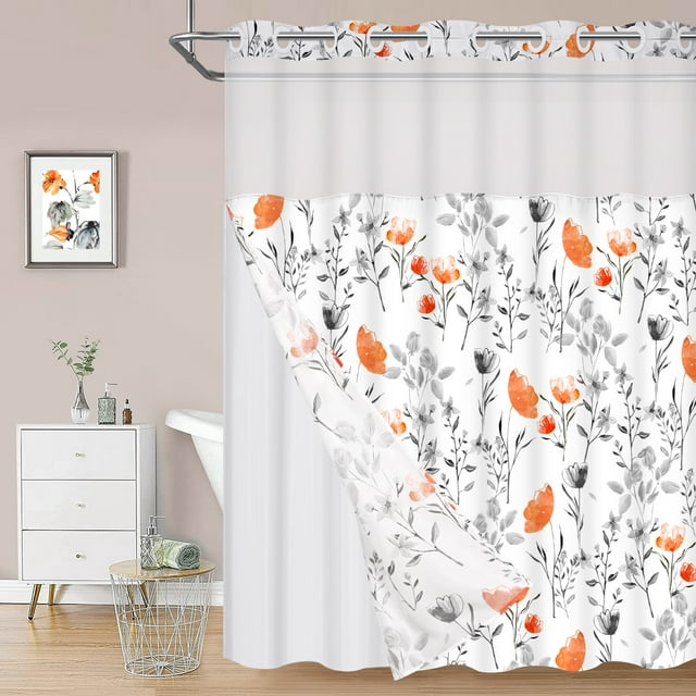 Ikfashoni Hookless Shower Curtain with Snap in Liner,Orange Floral Waterproof Fabric Mesh Window Bath Curtain,71"X74"