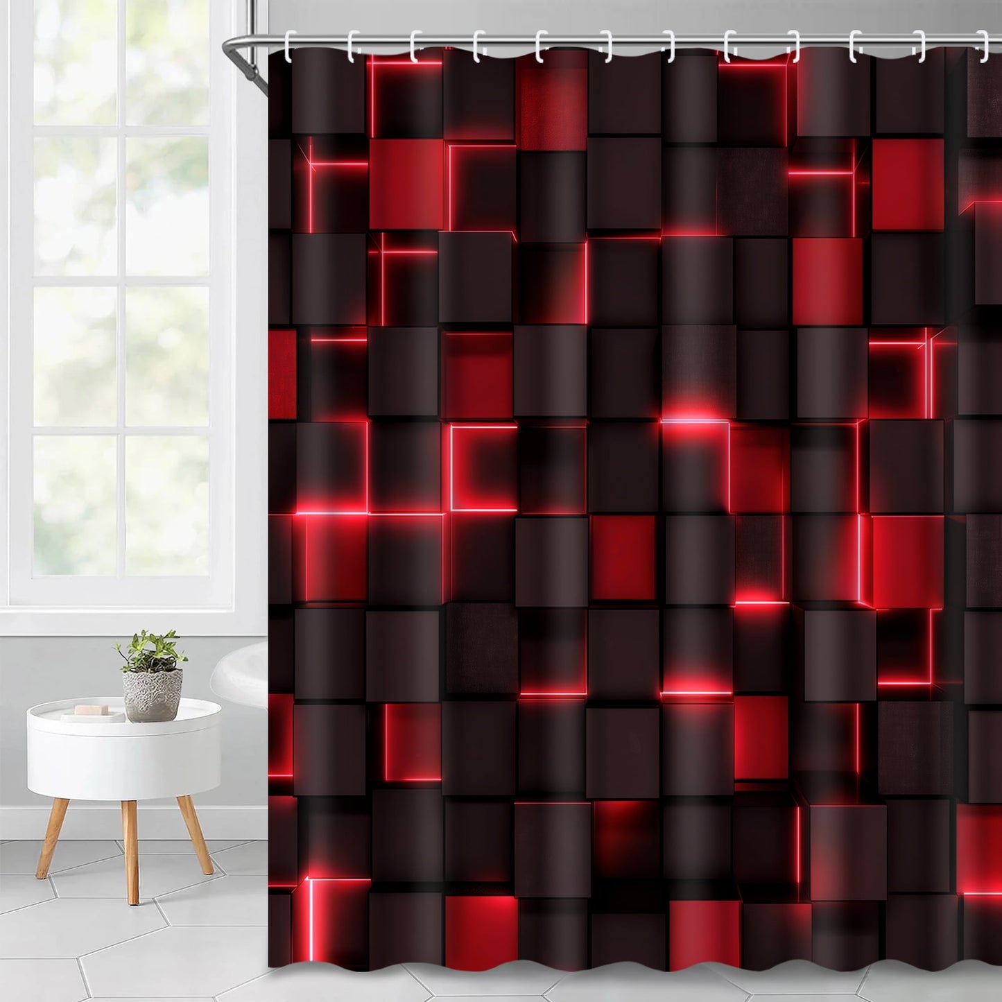 Ikfashoni Red Shower Curtain with Hooks,13pc 3D Cube Waterproof Fabric Bath Curtain, 72"X72"