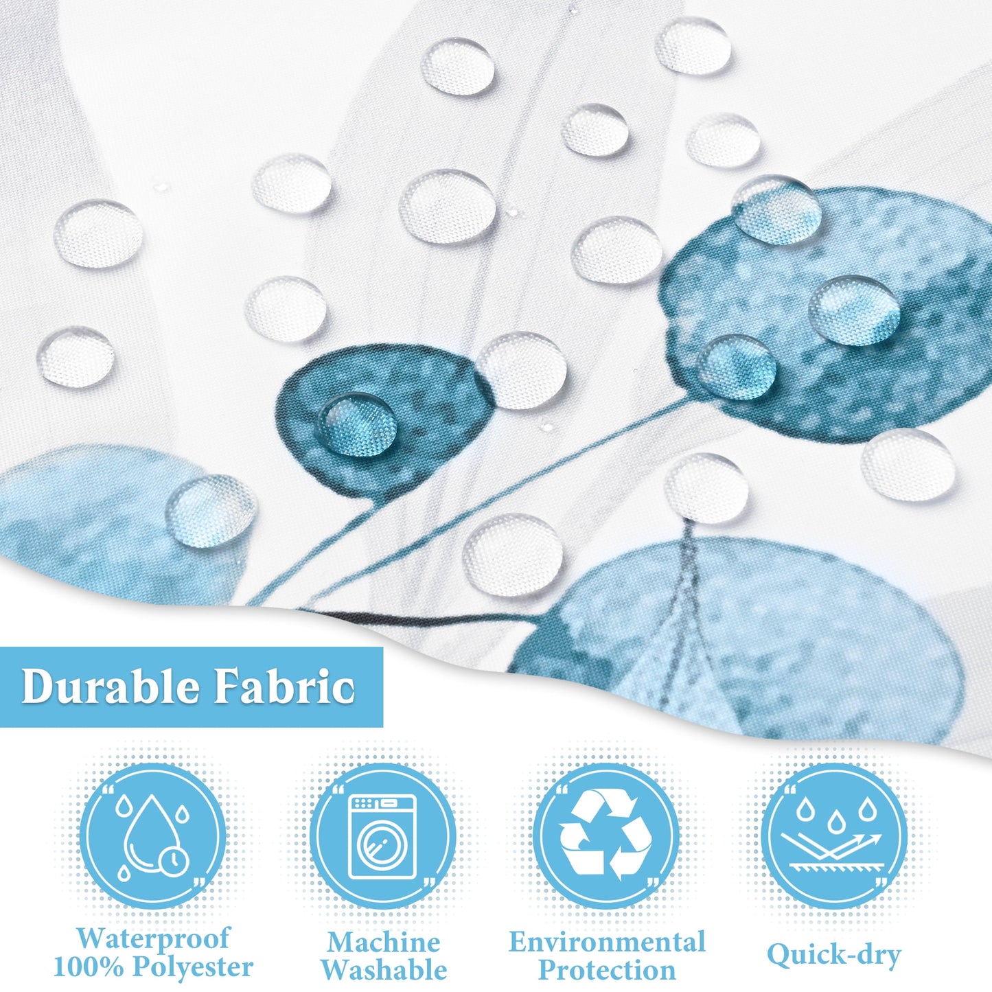 Ikfashoni Watercolor Flower Shower Curtain with Hooks,13pc Blue Waterproof Fabric Bathroom Curtain, 72"X72"