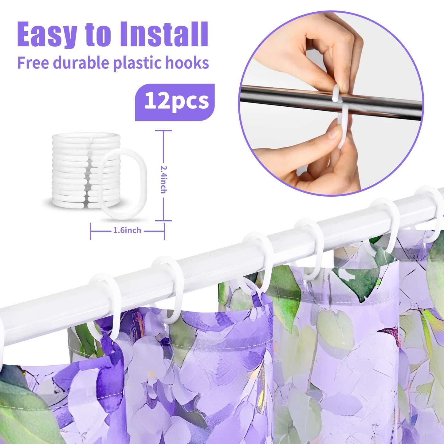 Ikfashoni Purple Flowers Shower Curtain with Hooks,13pc Waterproof Fabric Bathroom Curtain, 72"X72"