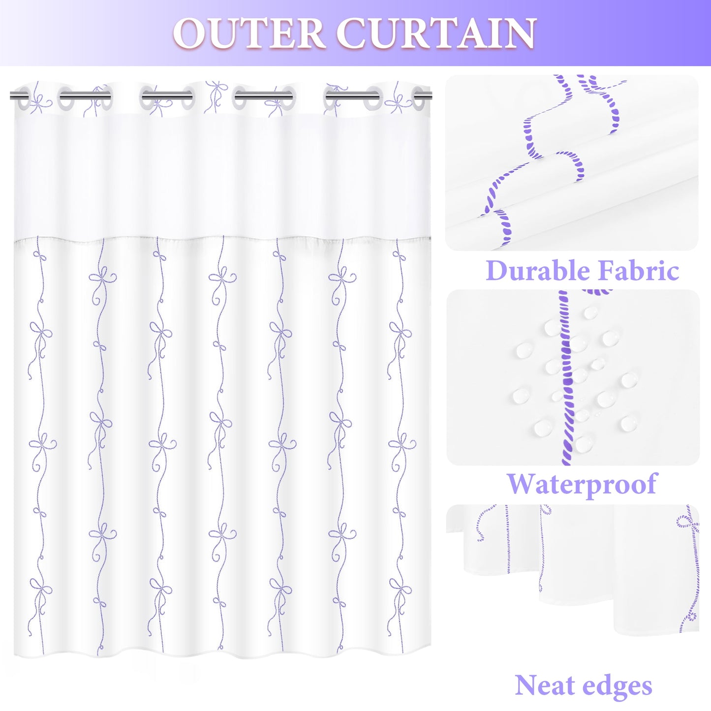 Ikfashoni No Hook Shower Curtain with Snap in Liner, Purple Bow Hookless Waterproof Bath Curtain, 71"X74"