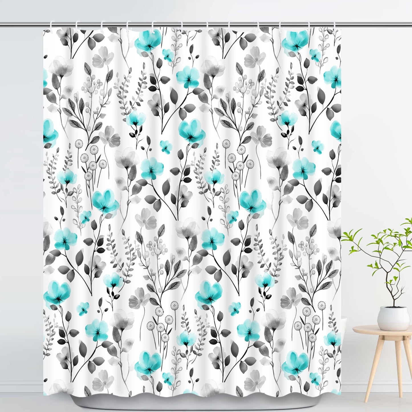 Ikfashoni Teal Flower Shower Curtain with Hooks,13pc Gray Waterproof Fabric Bathroom Curtain, 72"X72"