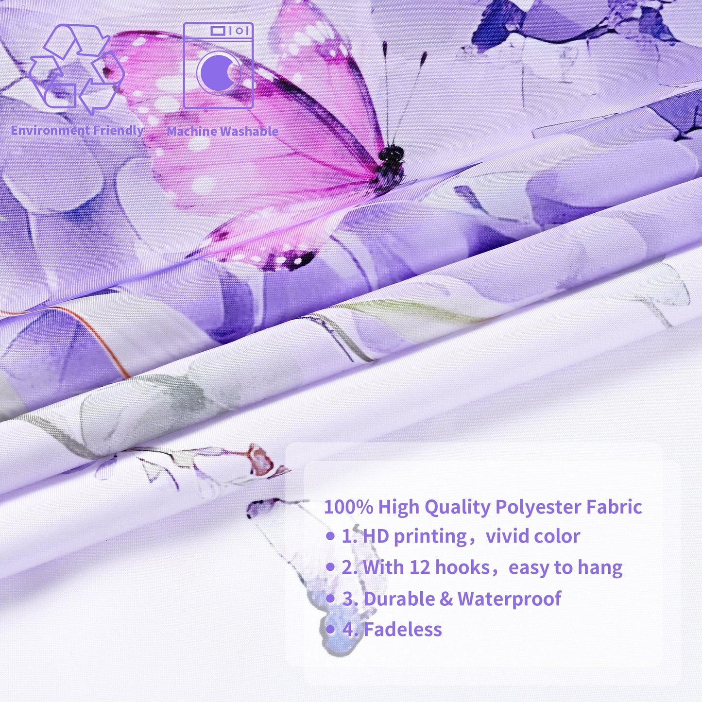 Ikfashoni Purple Flowers Shower Curtain with Hooks,13pc Waterproof Fabric Bathroom Curtain, 72"X72"