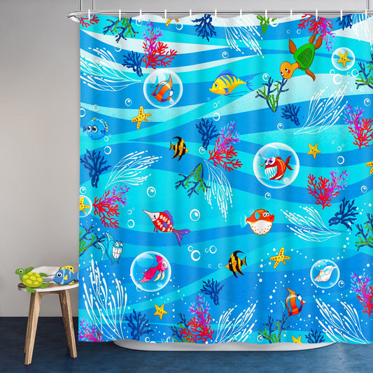 Ikfashoni Kid's Shower Curtain, 13pc Ocean Waterproof Fabric Bathroom Curtains, 70"X69"