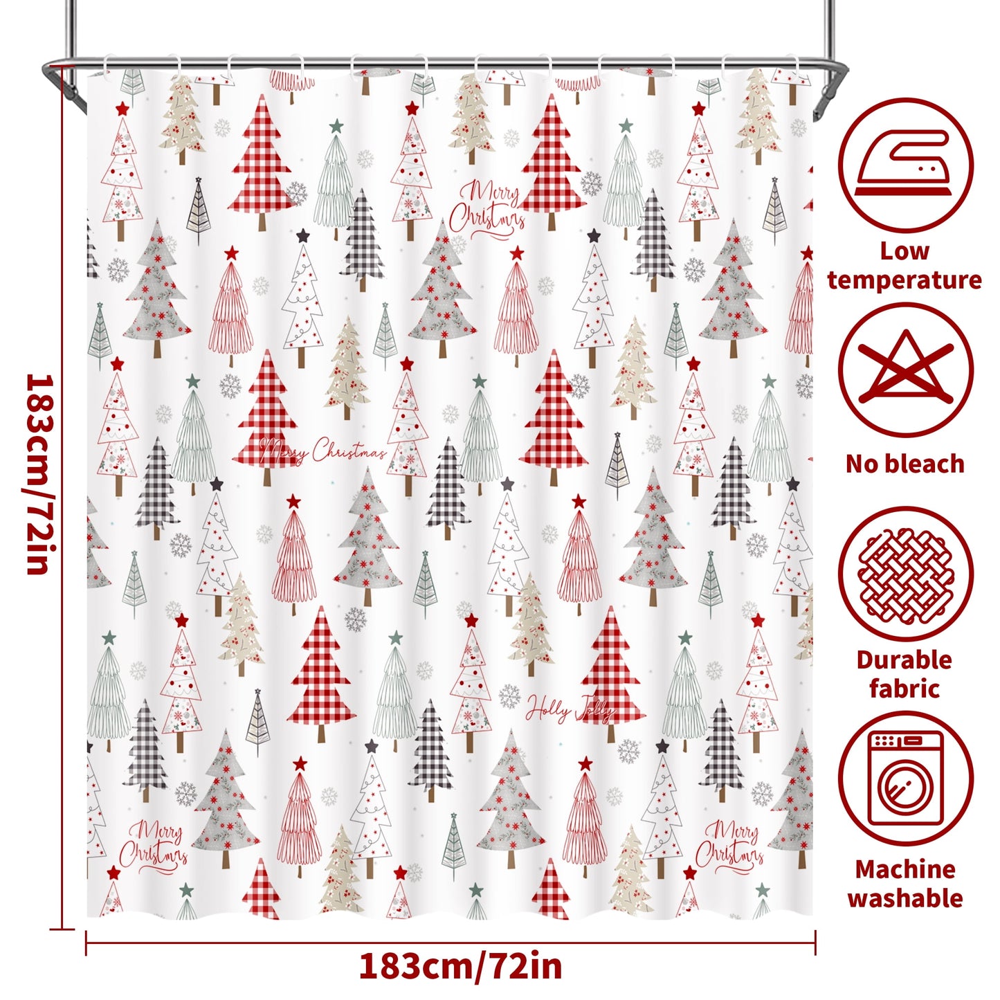 Ikfashoni Christmas Tree Shower Curtain with Hooks, Red Waterproof Bathroom Curtains, 72"X72"