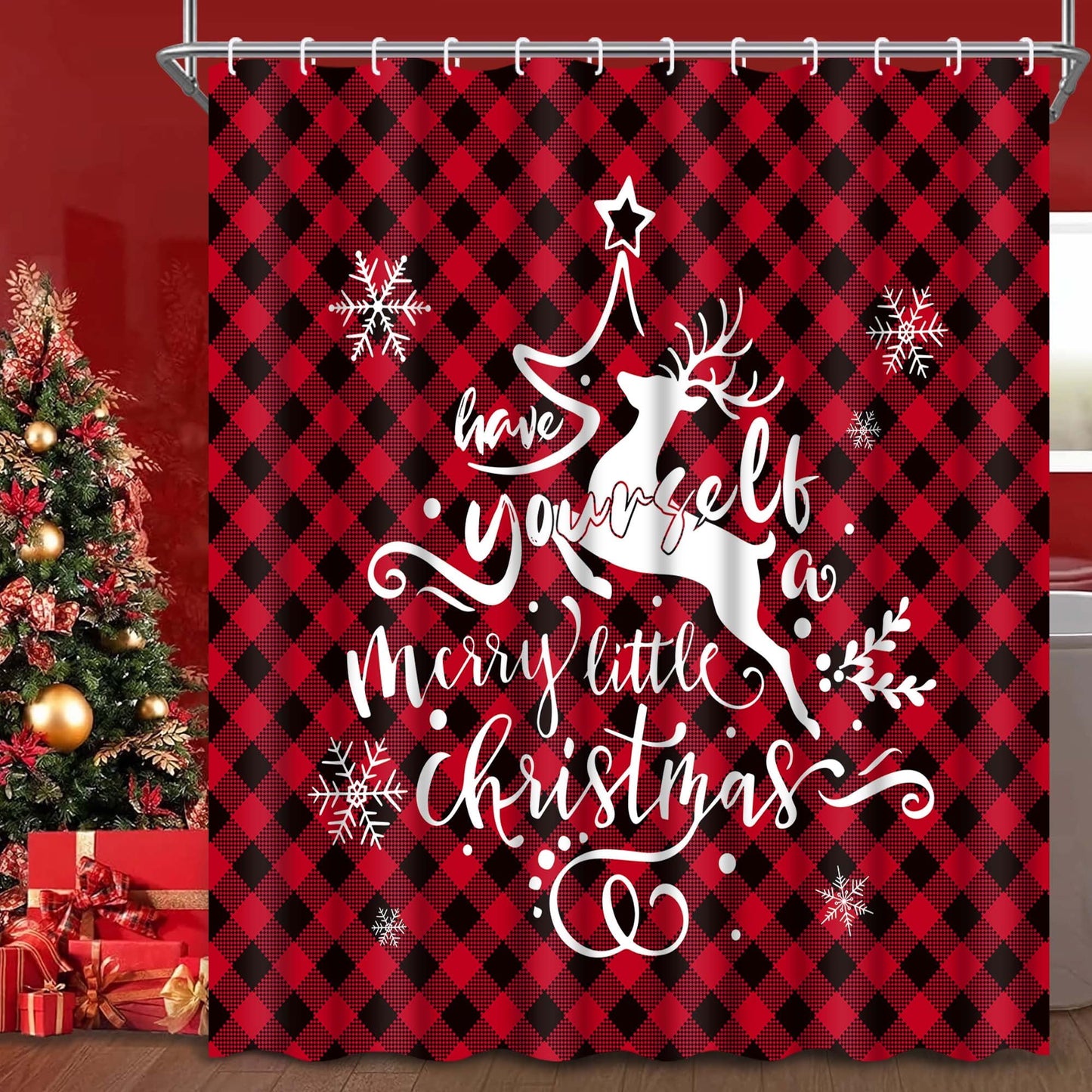 Ikfashoni Red Buffalo Plaid Christmas Shower Curtain, 13pc Deer Waterproof Fabric Bathroom Curtain, 70"X69"