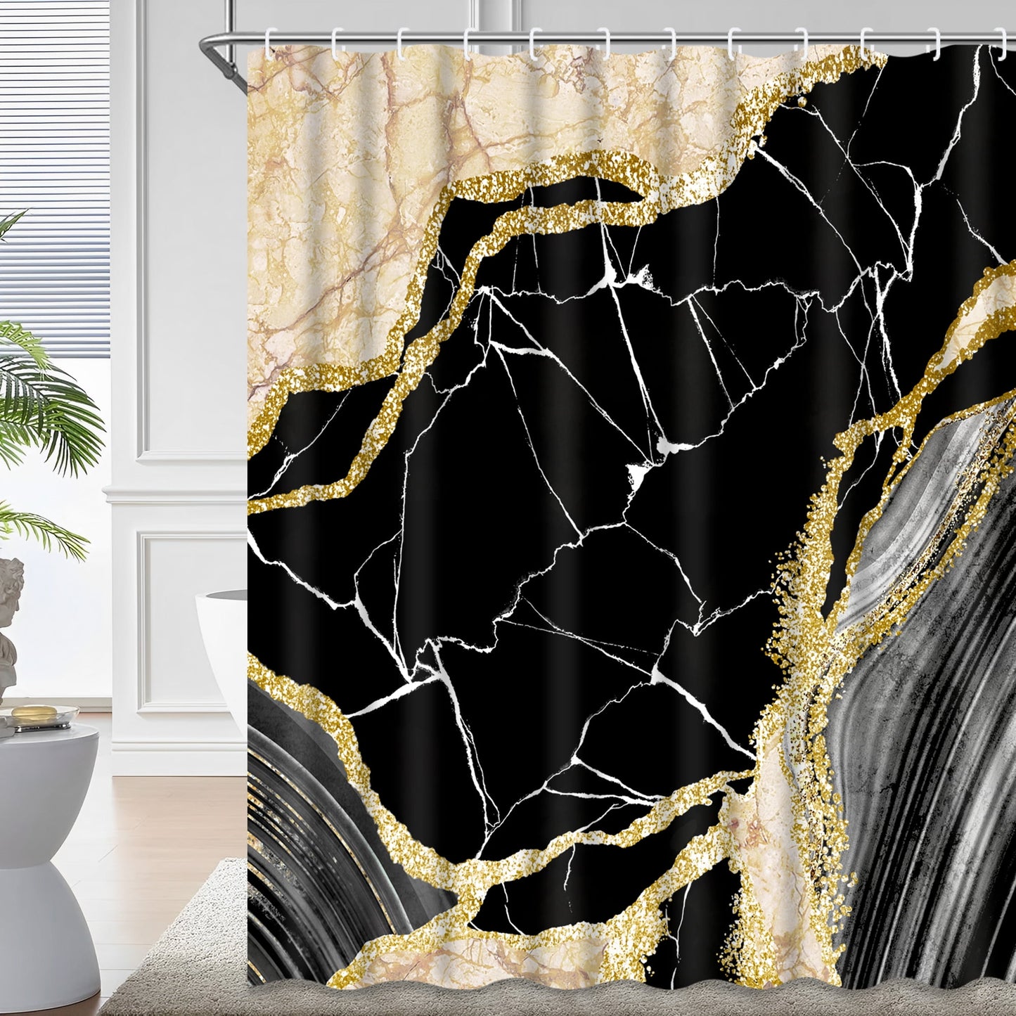 Ikfashoni Marble Shower Curtain with Hooks, 13pc Waterproof Fabric Bath Curtain, 72"X72"