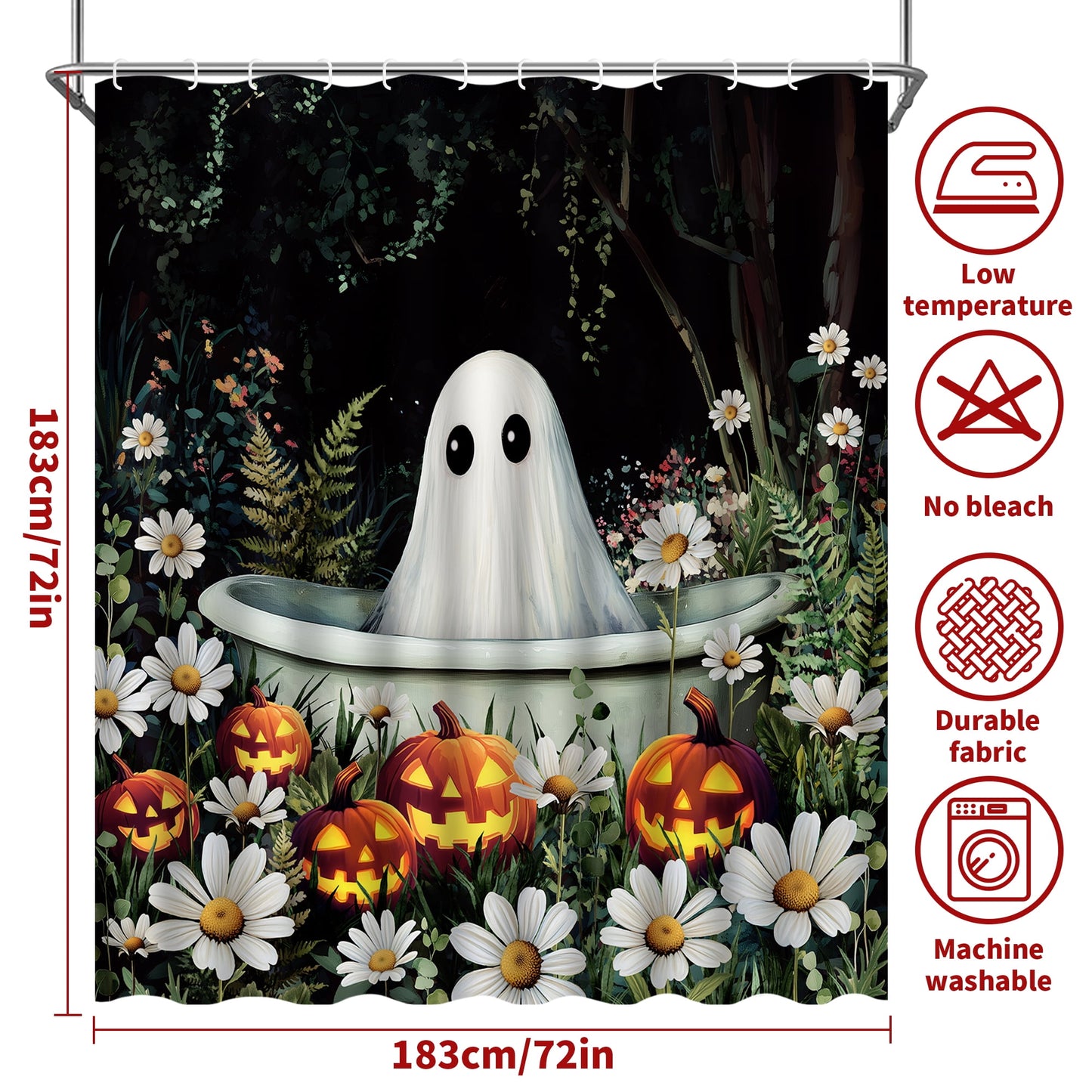 Ikfashoni Halloween Shower Curtain with Hooks, Black Ghost Waterproof Bathroom Curtains, 72"X72"