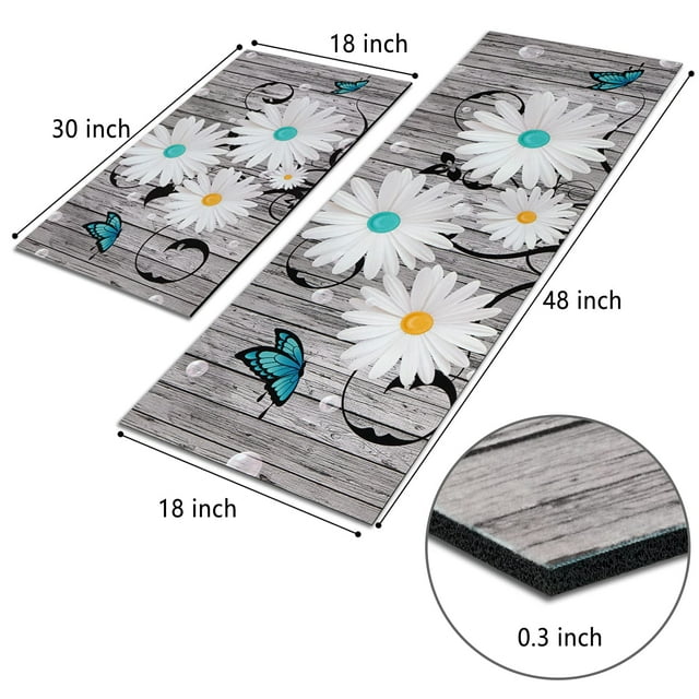 Waipfaru White Daisy Kitchen Rugs Set of Waipfaru 2 Floral Runner Kitchen Rugs and Mats Anti Fatigue Kitchen Floor Mat, 17" x 48" + 17" x 30"