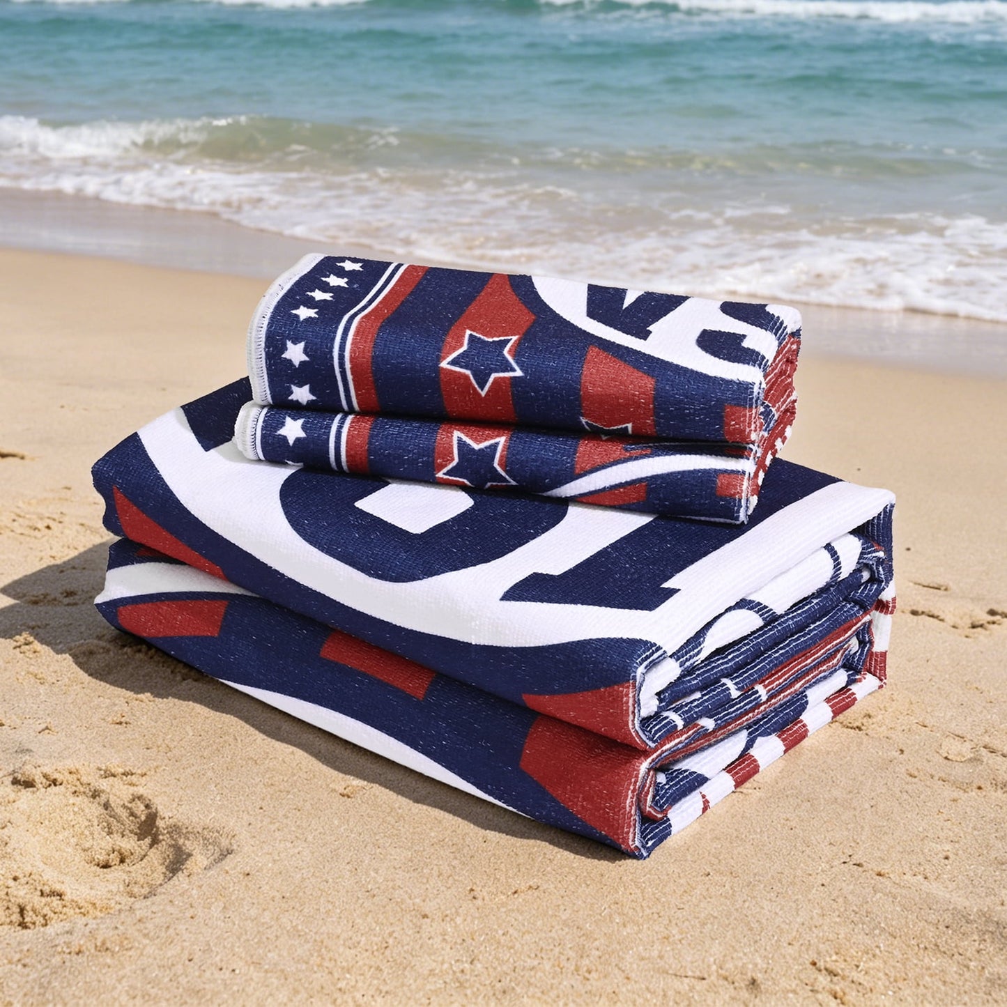 Ikfashoni American Flag Soccer Beach Towel & Hand Towel Set, Patriotic Soccer Pattern Soft Absorbent Towels
