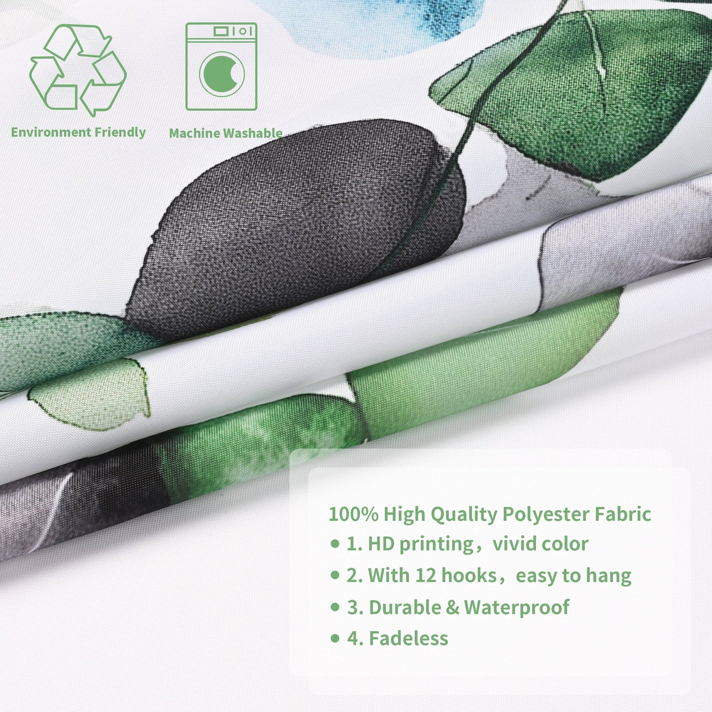 Ikfashoni Green Leaves Shower Curtain with Hooks,13pc Waterproof Fabric Bath Curtain, 72"X72"