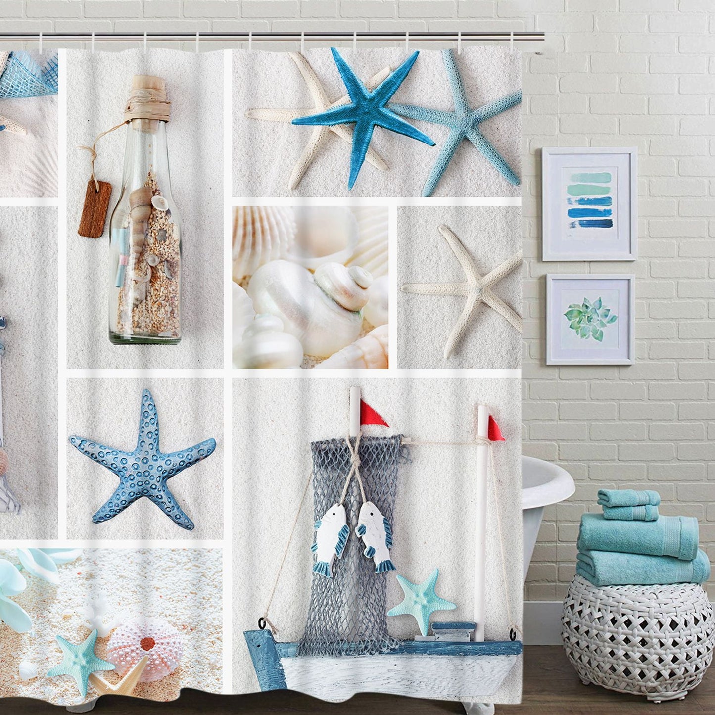 Ikfashoni Beach Starfish Shower Curtain, 13pc Waterproof Fabric Ocean Nautical Bathroom Sets, 70"X69"