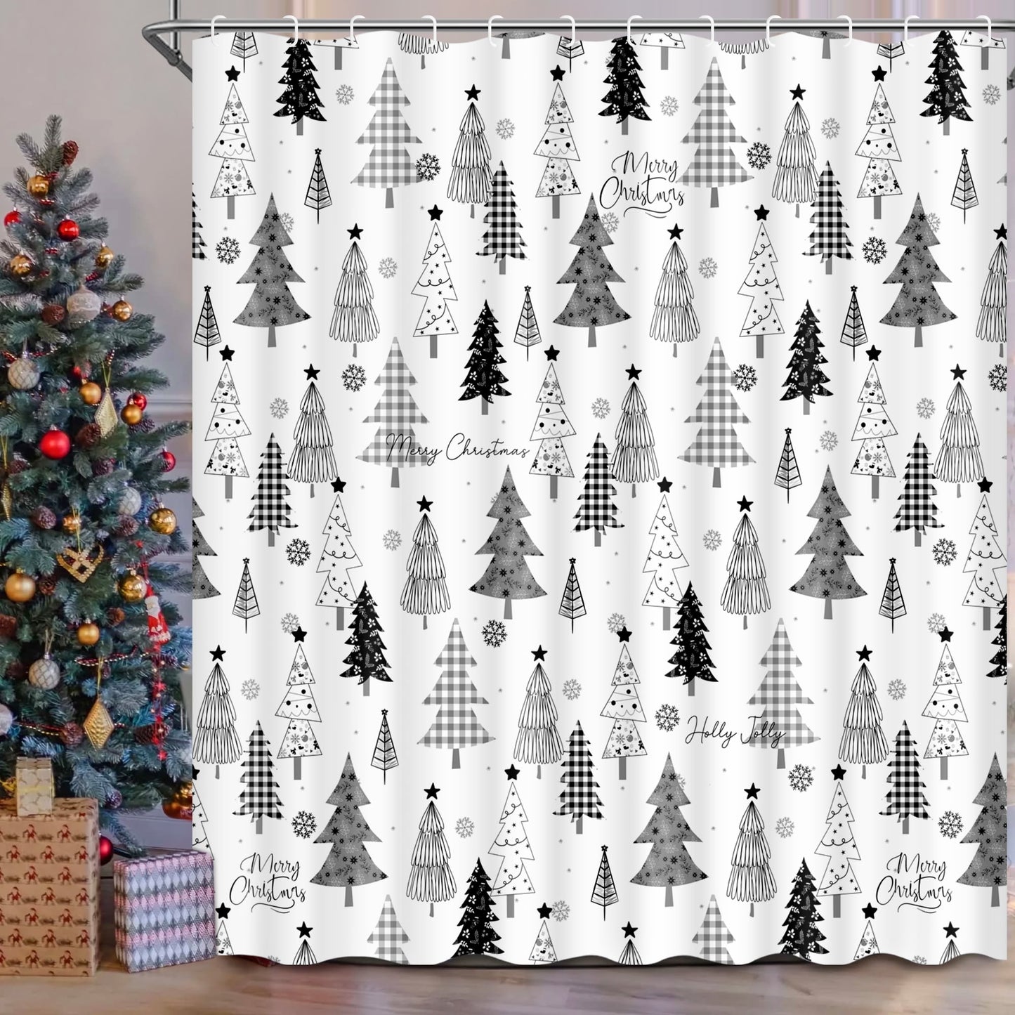Ikfashoni Christmas Tree Shower Curtain with Hooks, Gray Waterproof Bathroom Curtains, 72"X72"