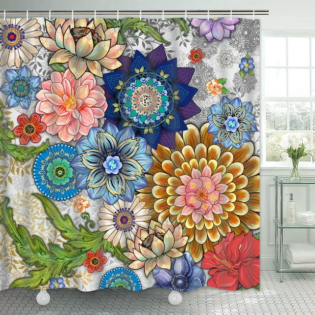 Ikfashoni Boho Floral Shower Curtain, Colorful Tropical Waterproof Fabric Shower Curtain, 70"X69"