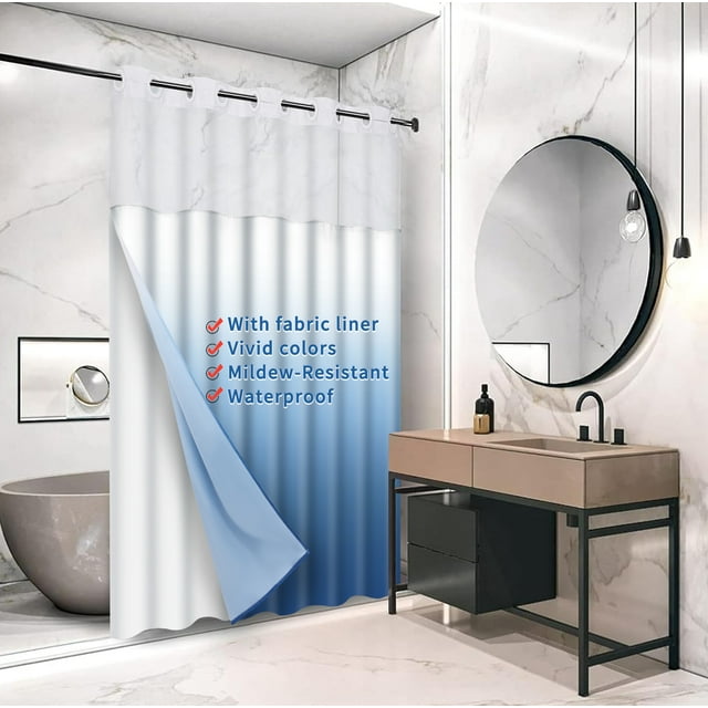 Ikfashoni Hookless Shower Curtain with Snap in Liner, Blue Gradient Waterproof Fabric Mesh Window Bath Curtain, 71"X74"