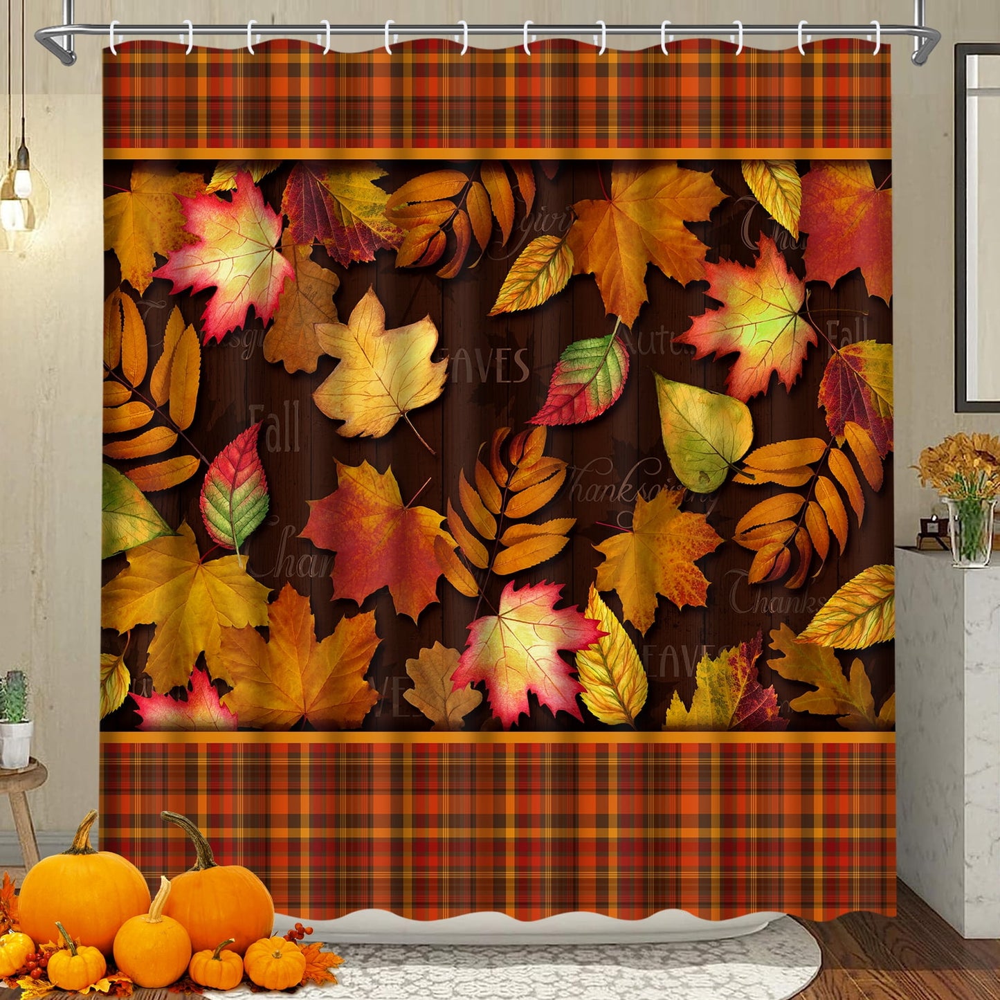 Ikfashoni Thanksgiving Shower Curtain, Orange Fall Maple Leaves Waterproof Fabric Bath Curtain, 70"X69"