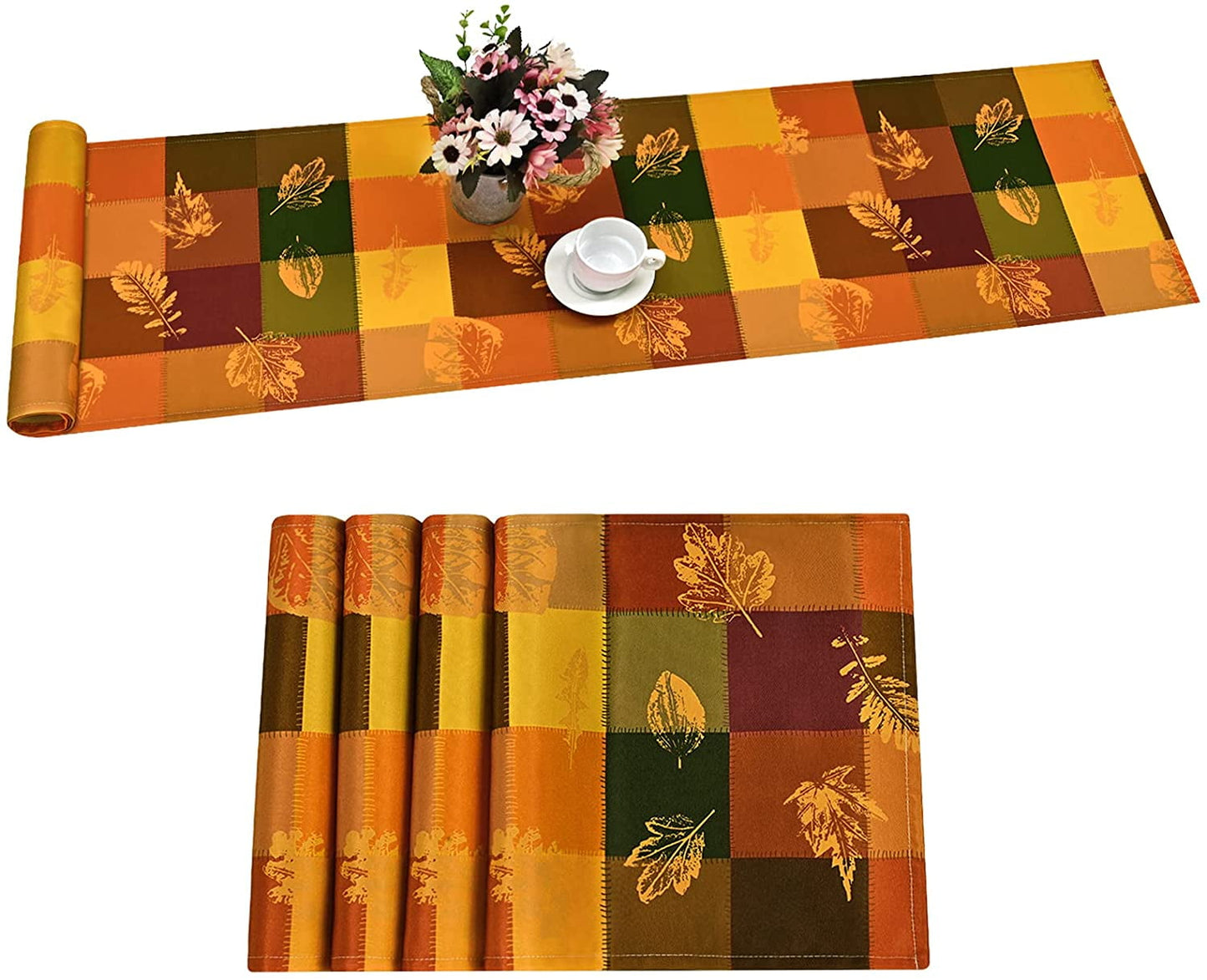 Ikfashoni Fall Thanksgiving Table Runner with 4 Placemats, Holiday Orange Maple Leaf Plaid Waterproof Table Decoration, 14 x 72 inch