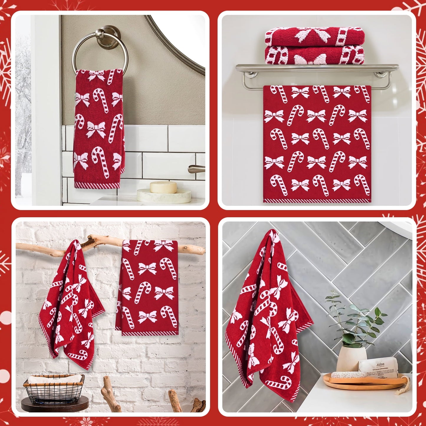 Ikfashoni 2 Pack Red Bow Christmas Hand Towel for Bathroom,Embroidered Christmas Scroll Cotton Towels