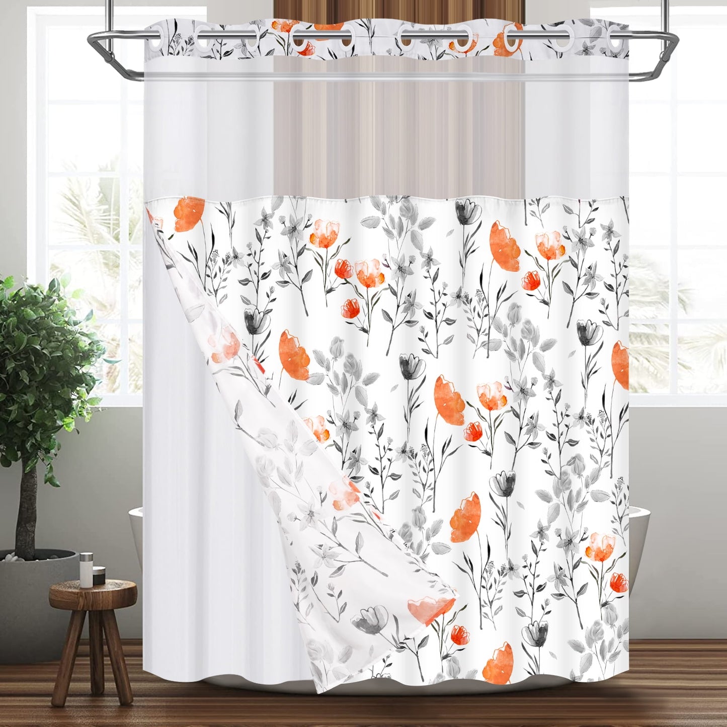 Ikfashoni Hookless Shower Curtain with Snap in Liner,Orange Floral Waterproof Fabric Mesh Window Bath Curtain,71"X74"