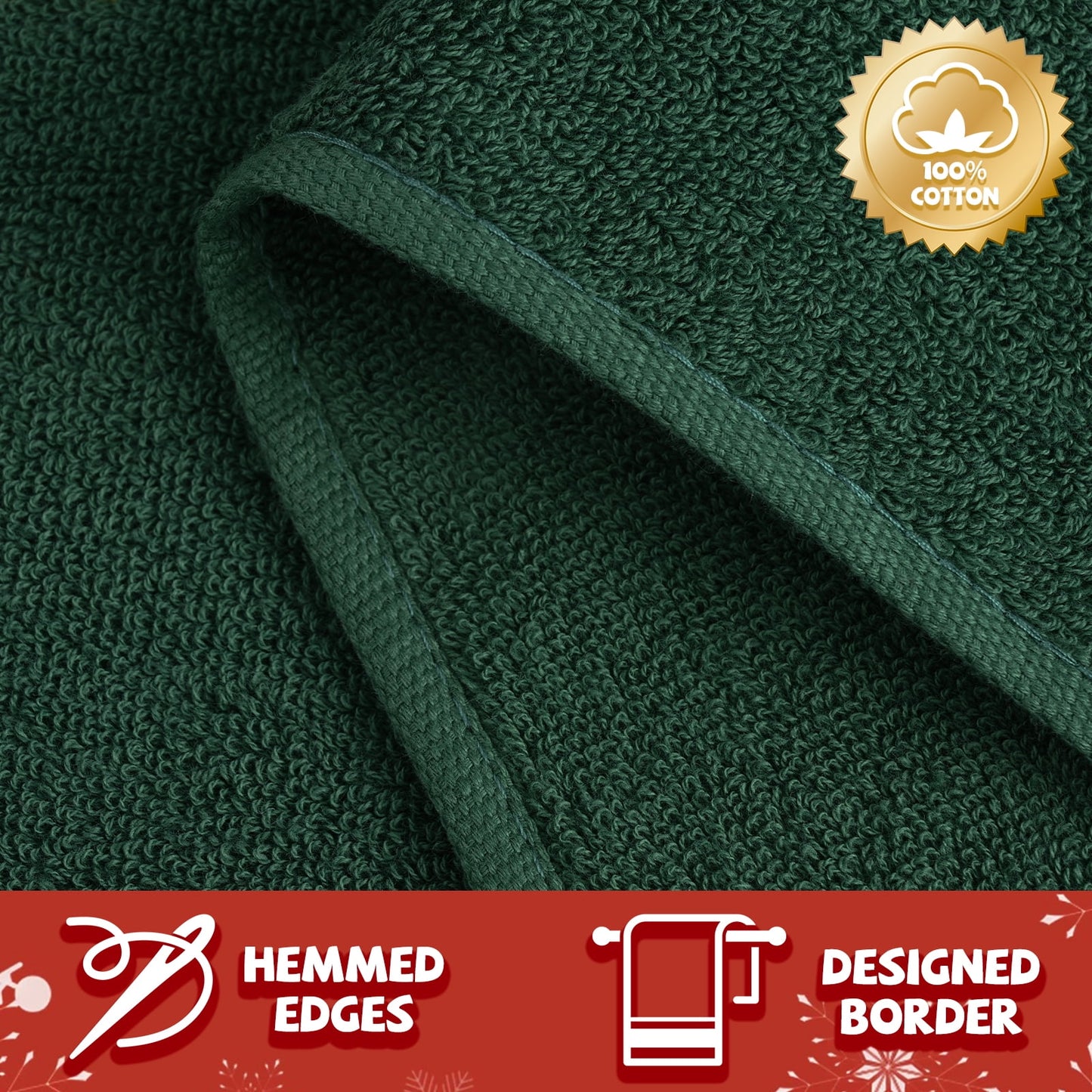 Ikfashoni 2 Pack Green Christmas Hand Towel, Embroidered Christmas Tree Red Scroll Cotton Towels