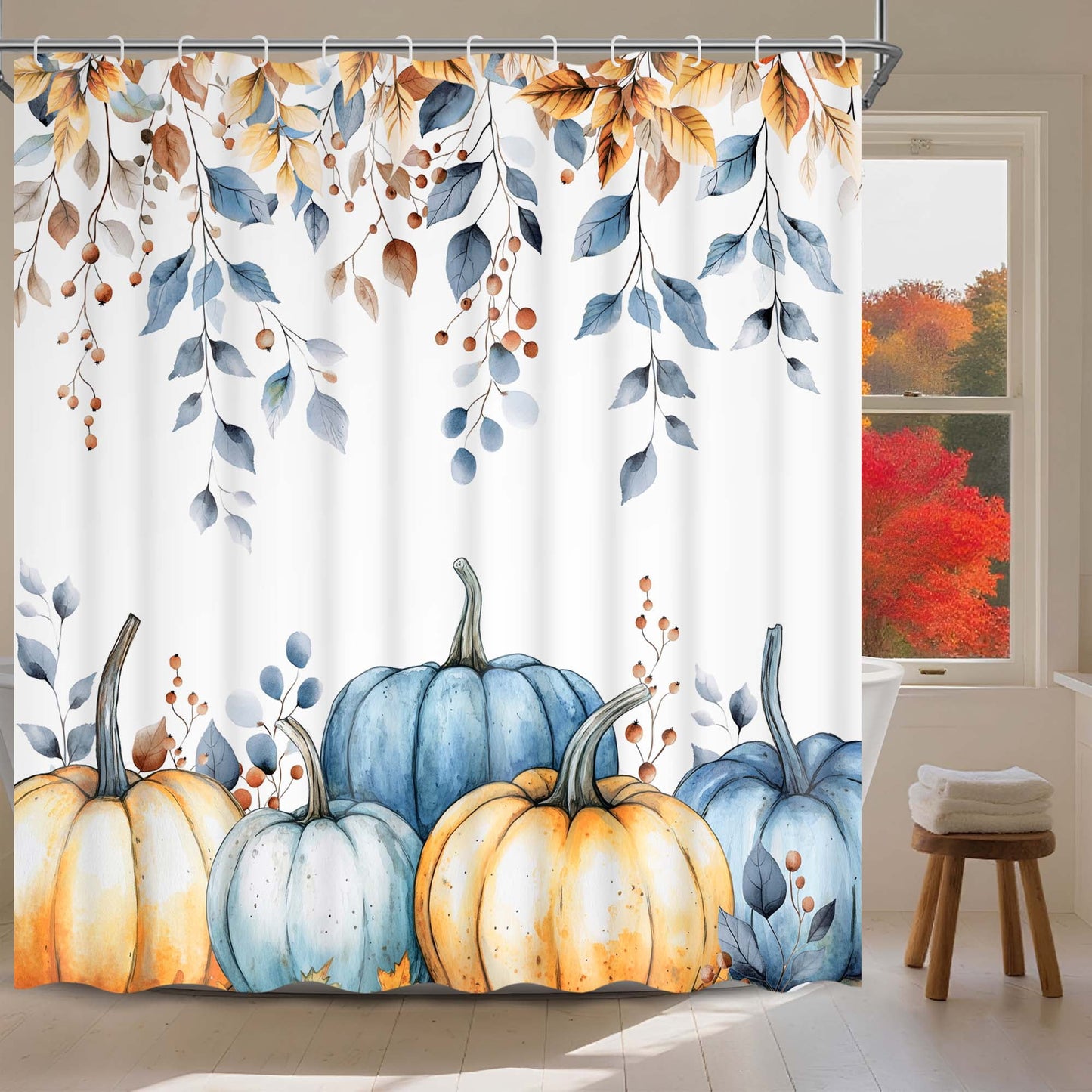 Ikfashoni Fall Shower Curtain with Hooks, Blue Pumpkin Leaves Waterproof Bathroom Curtains, 72"X72"