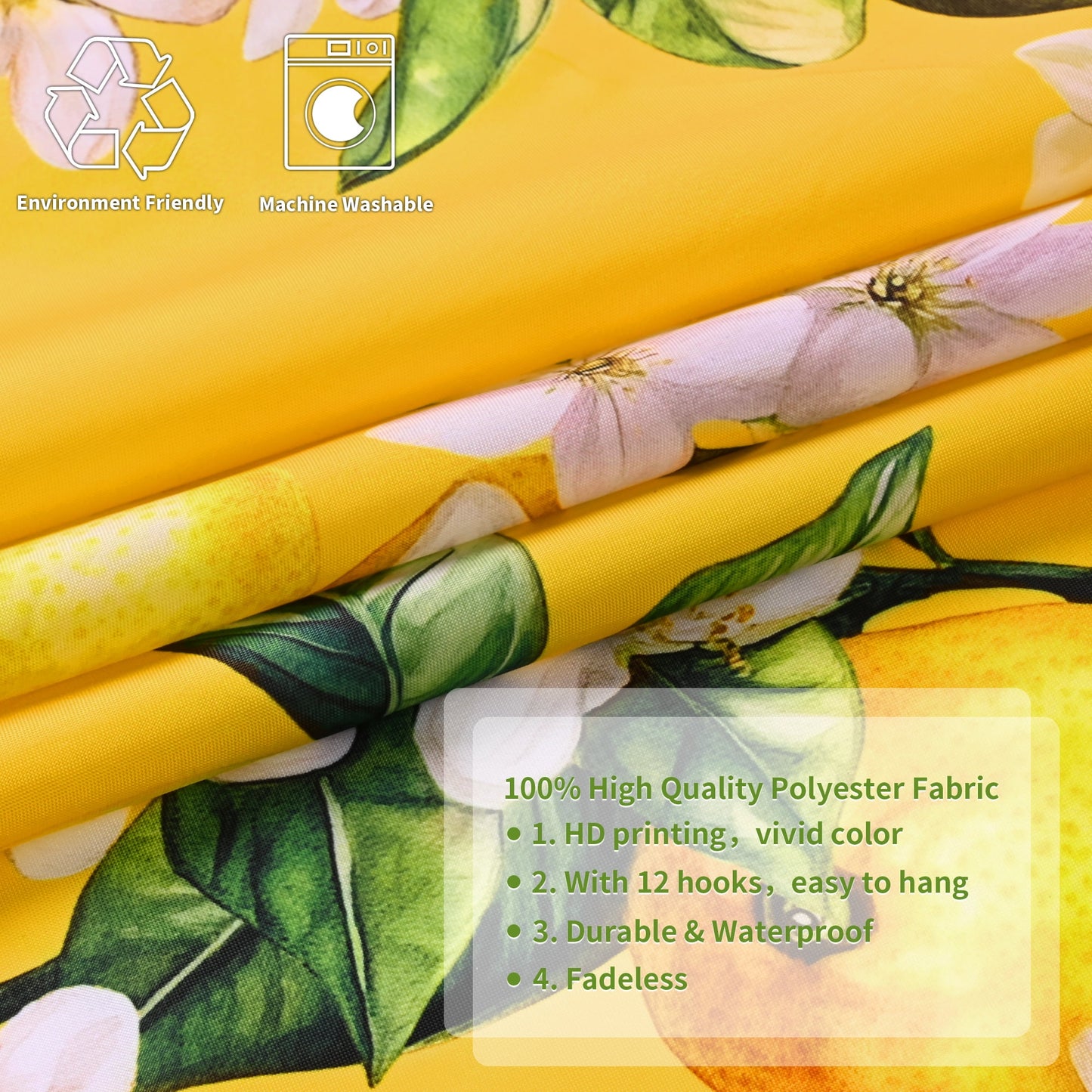 Ikfashoni Yellow Lemon Bird Shower Curtain with Hooks,13pc Waterproof Fabric Bathroom Curtain, 72"X72"